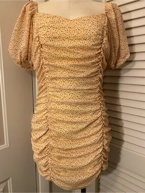 SHEIN Yellow Floral Ruched Puff-Sleeve Mini Dress/ Size Medium